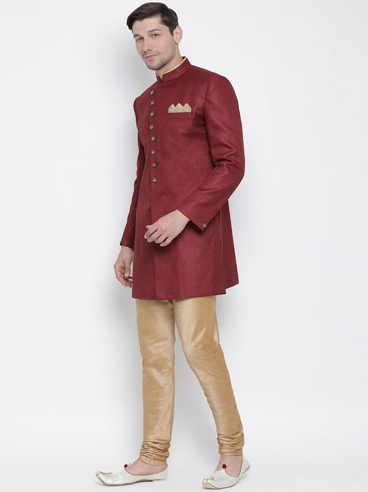 VM By VASTRAMAY Men's Maroon Silk Blend Sherwani Set - PUSHMYCART