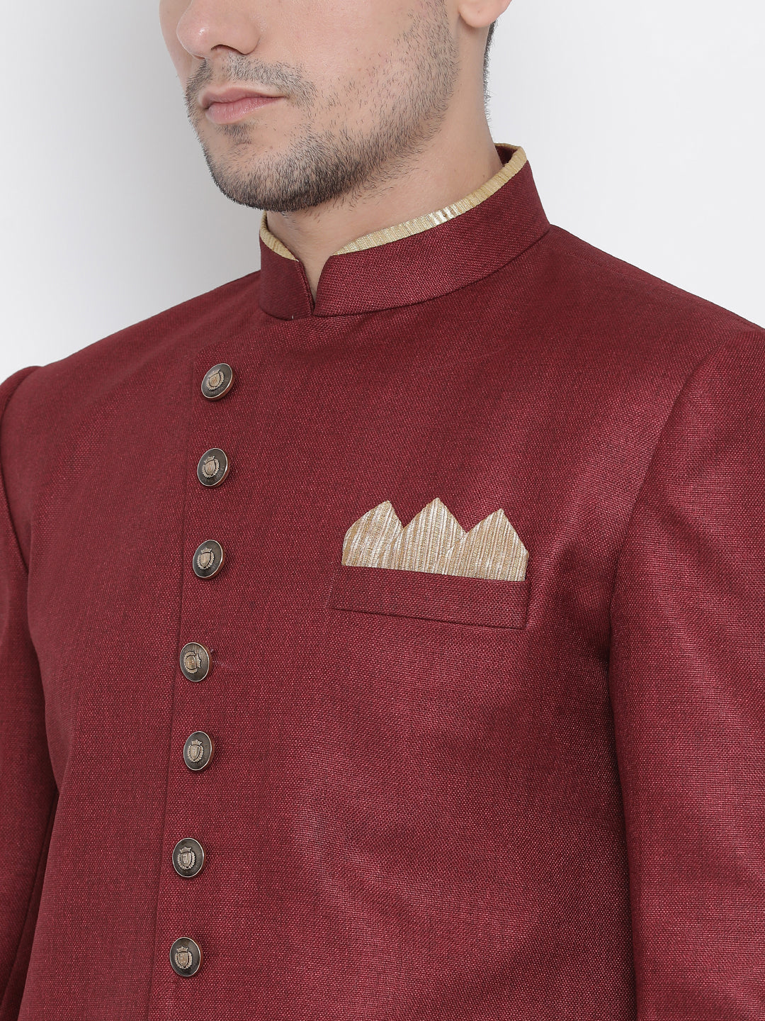 VM By VASTRAMAY Men's Maroon Silk Blend Sherwani Set - PUSHMYCART