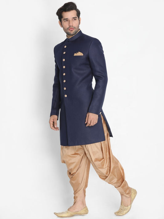 VASTRAMAY Men's Dark Blue Silk Blend Sherwani Set - PUSHMYCART