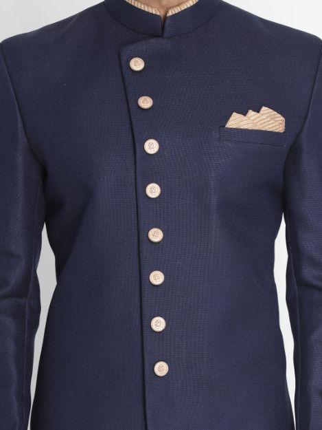 VASTRAMAY Men's Dark Blue Silk Blend Sherwani Set - PUSHMYCART