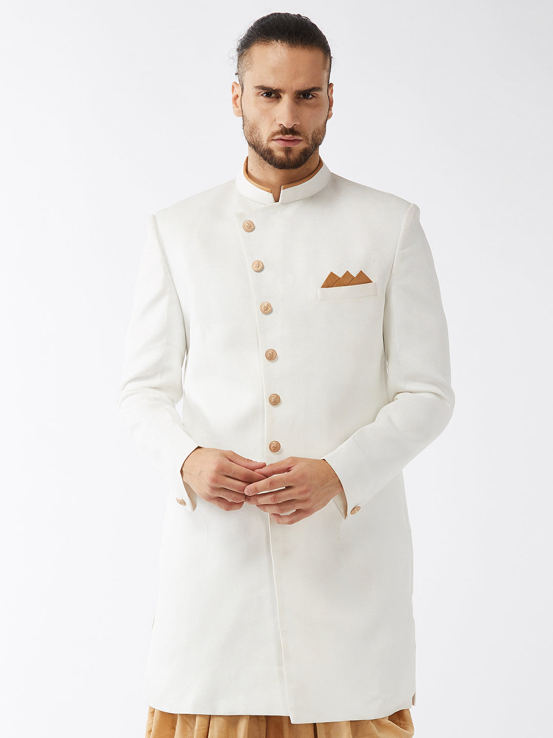Vastramay Men's White Silk Blend Sherwani Top - PUSHMYCART
