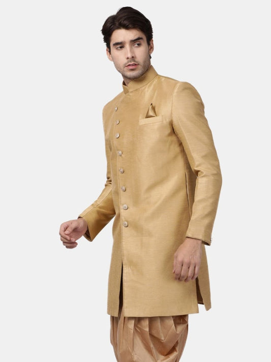 VASTRAMAY Men's Beige Silk Blend Sherwani Only Top - PUSHMYCART