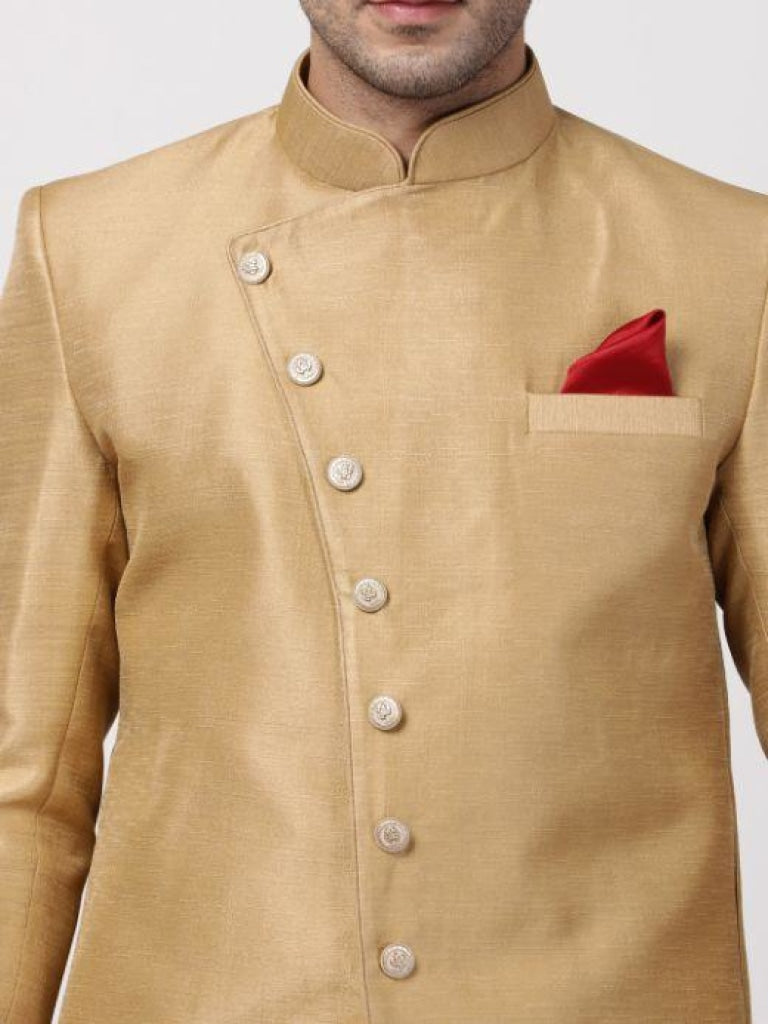 VM By VASTRAMAY Men's Beige Silk Blend Sherwani Set - PUSHMYCART