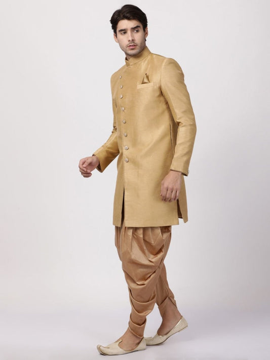 VM By VASTRAMAY Men's Beige Silk Blend Sherwani Set - PUSHMYCART