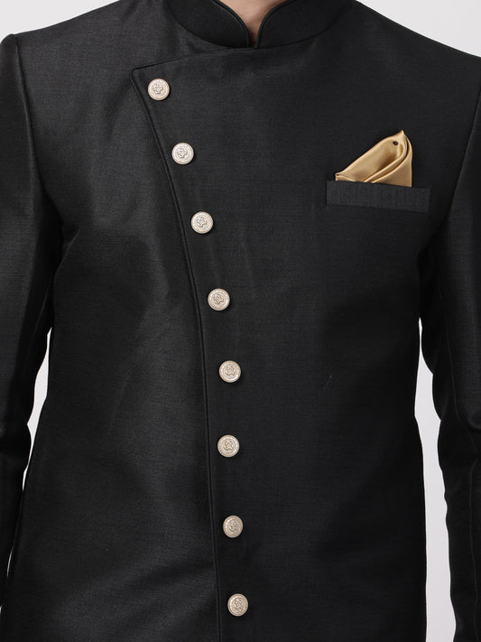 VASTRAMAY Men's Black Silk Blend Sherwani Only Top - PUSHMYCART
