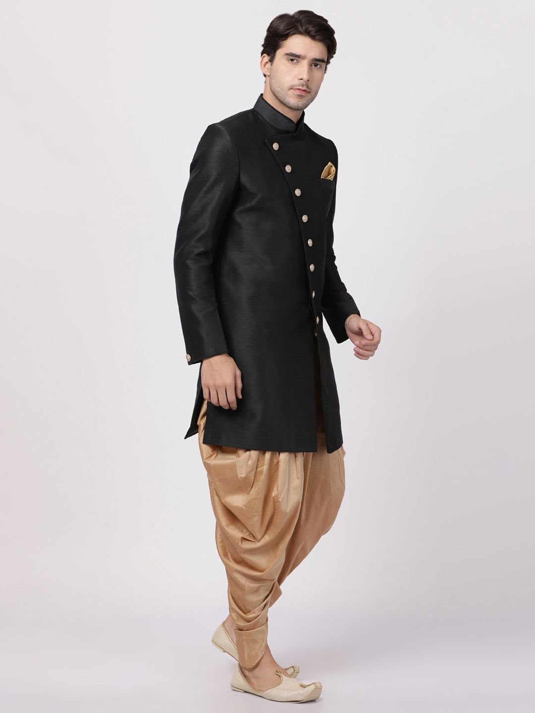 VASTRAMAY Men's Black Silk Blend Sherwani Set - PUSHMYCART