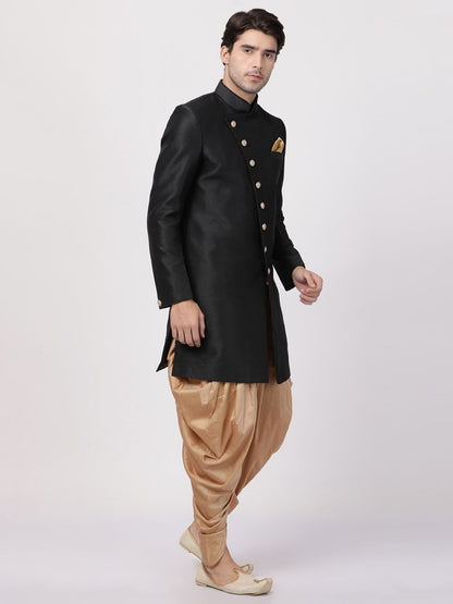 VASTRAMAY Men's Black Silk Blend Sherwani Set - PUSHMYCART
