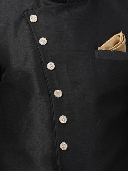 VASTRAMAY Men's Black Silk Blend Sherwani Set - PUSHMYCART