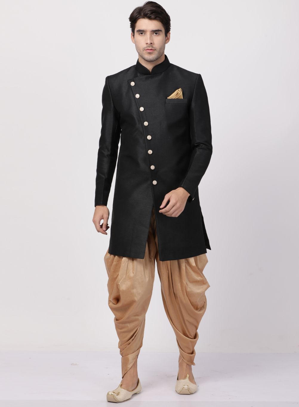 VASTRAMAY Men's Black Silk Blend Sherwani Set - PUSHMYCART