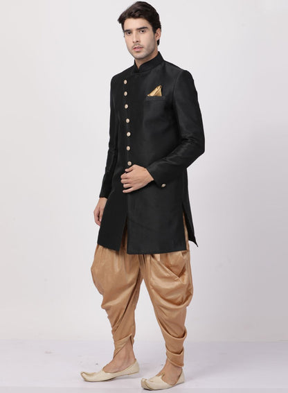 VASTRAMAY Men's Black Silk Blend Sherwani Set - PUSHMYCART
