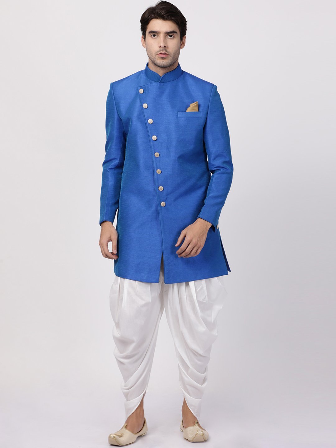 VM By VASTRAMAY Men's Blue Silk Blend Sherwani Set