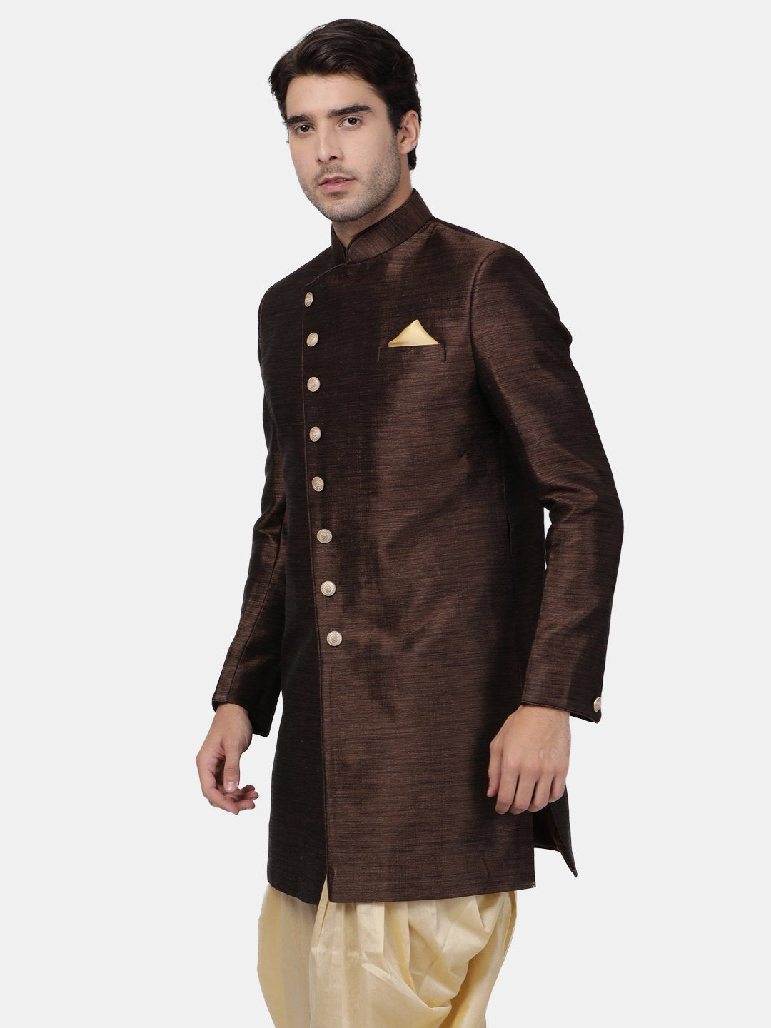 VASTRAMAY Men's Brown Silk Blend Sherwani Only Top - PUSHMYCART