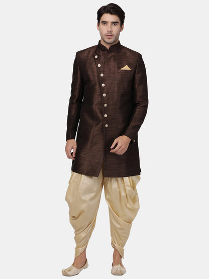 VASTRAMAY Men's Brown Silk Blend Sherwani Only Top - PUSHMYCART