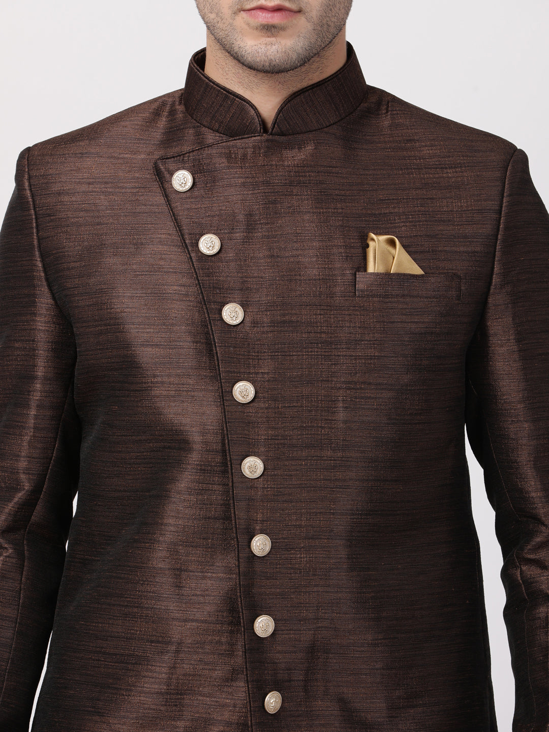 VASTRAMAY Men's Brown Silk Blend Sherwani Set - PUSHMYCART