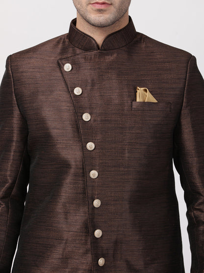 VASTRAMAY Men's Brown Silk Blend Sherwani Set - PUSHMYCART