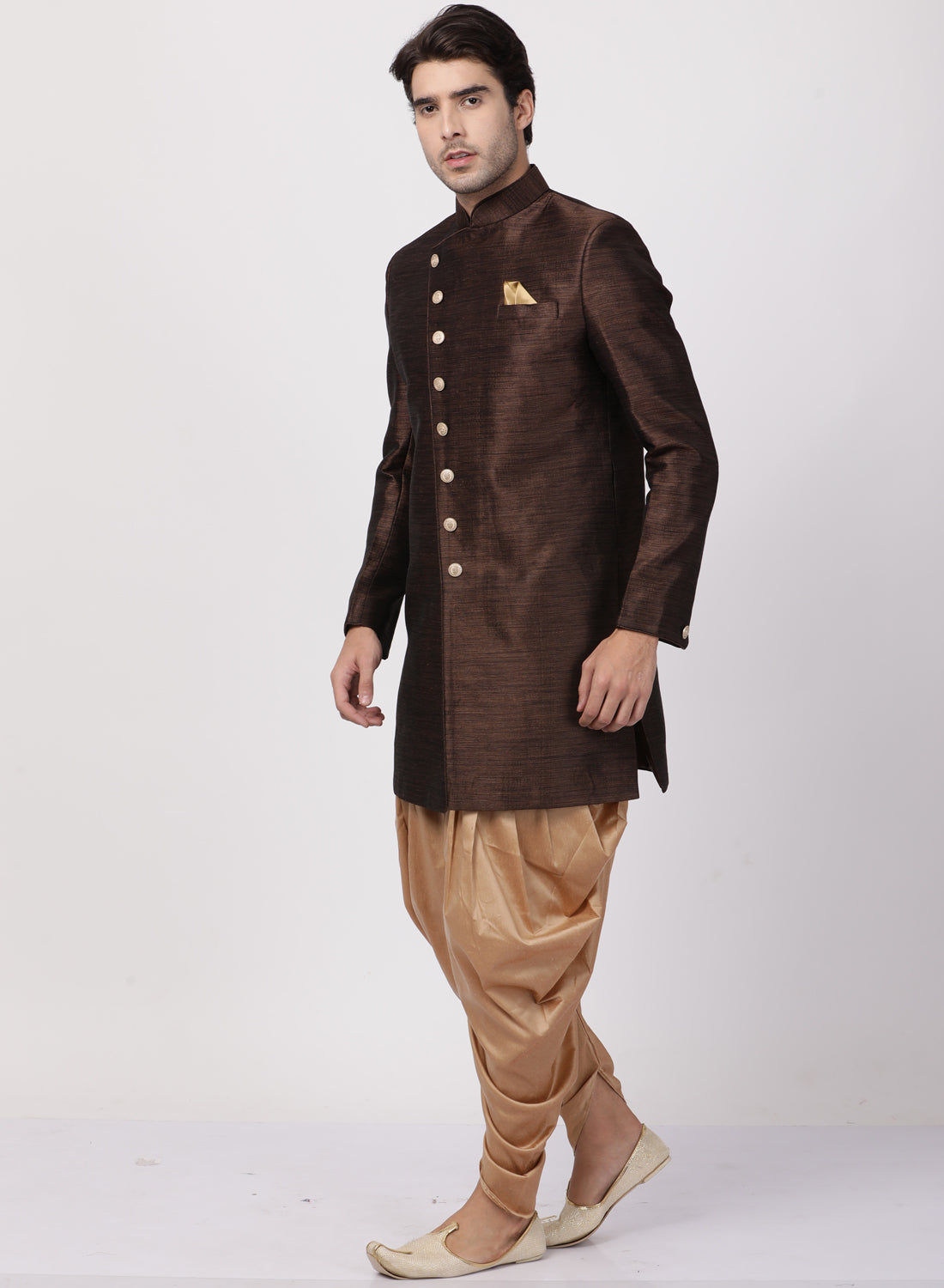 VASTRAMAY Men's Brown Silk Blend Sherwani Set - PUSHMYCART