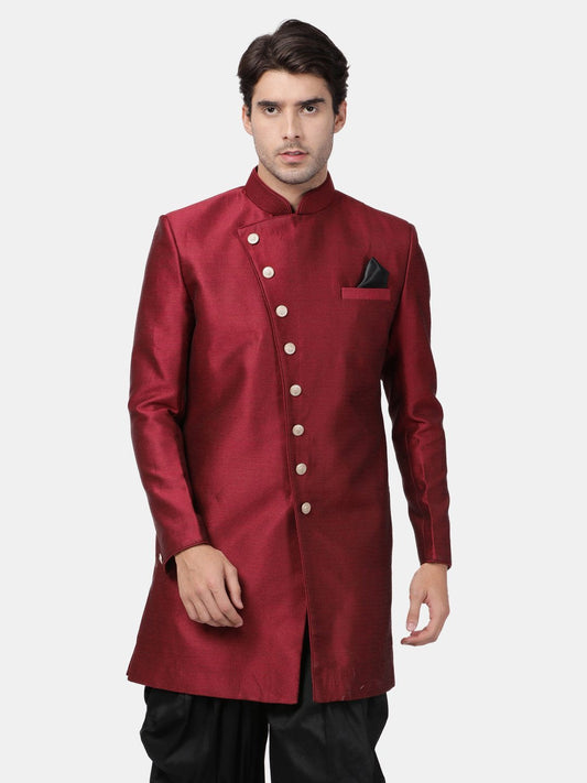 VM By VASTRAMAY Men's Maroon Silk Blend Sherwani Only Top