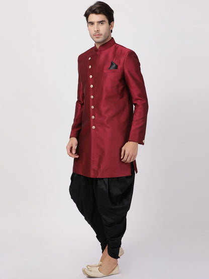 VM By VASTRAMAY Men's Maroon Silk Blend Sherwani Set - PUSHMYCART