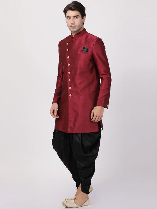VM By VASTRAMAY Men's Maroon Silk Blend Sherwani Set - PUSHMYCART