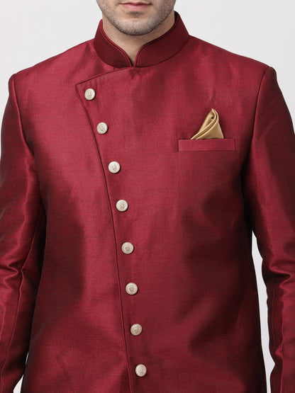 VASTRAMAY Men's Maroon Silk Blend Sherwani Set - PUSHMYCART