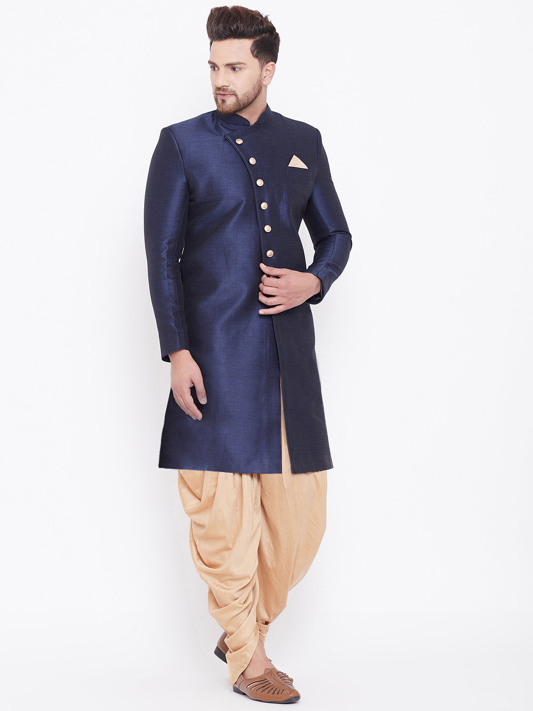 mens navy blue silk blend sherwani only top