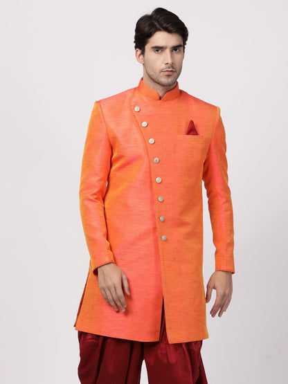 VASTRAMAY Men's Orange Silk Blend Sherwani Only Top - PUSHMYCART