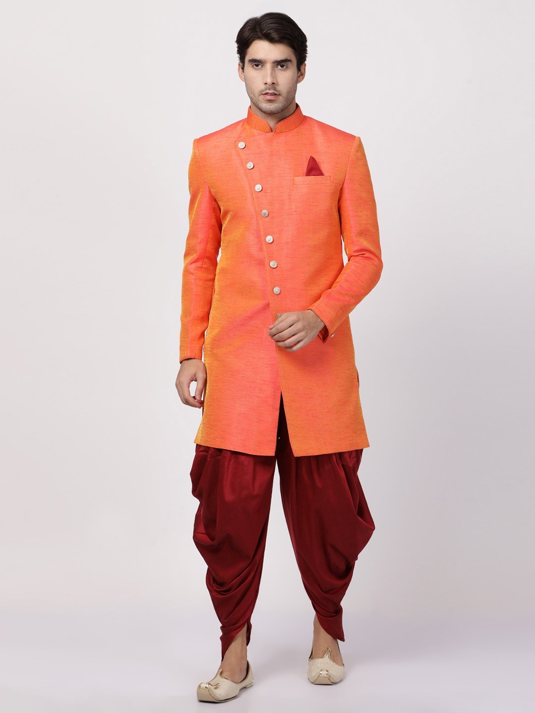 VASTRAMAY Men's Orange Silk Blend Sherwani Set - PUSHMYCART