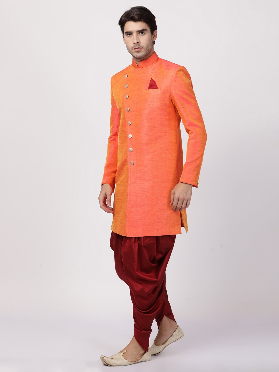 VASTRAMAY Men's Orange Silk Blend Sherwani Set - PUSHMYCART