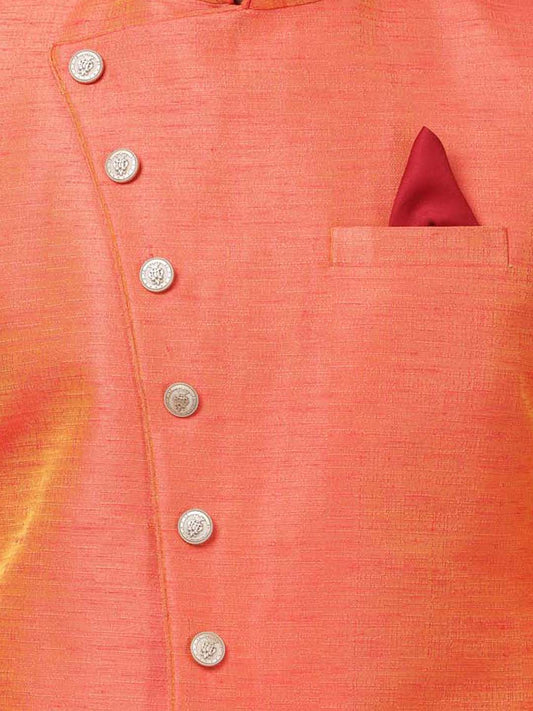 VASTRAMAY Men's Orange Silk Blend Sherwani Set - PUSHMYCART