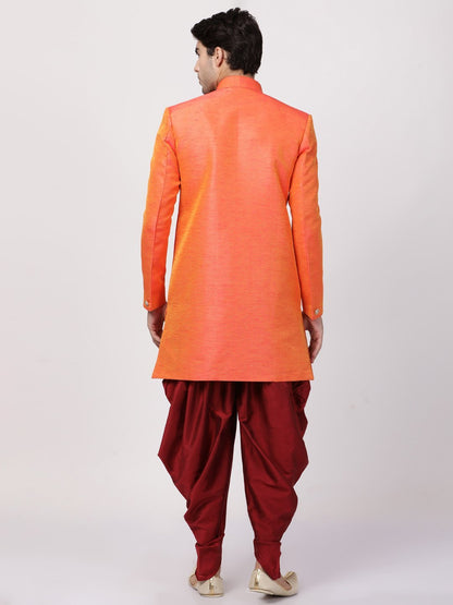 VASTRAMAY Men's Orange Silk Blend Sherwani Set - PUSHMYCART