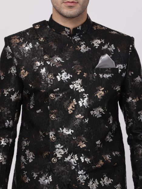 VASTRAMAY Men's Black Silk Blend Sherwani Set - PUSHMYCART