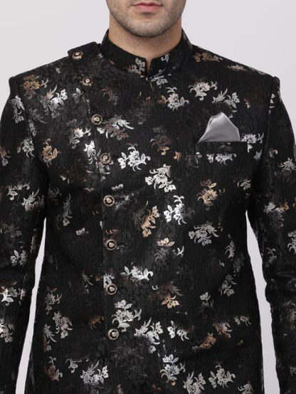 VASTRAMAY Men's Black Silk Blend Sherwani Set - PUSHMYCART