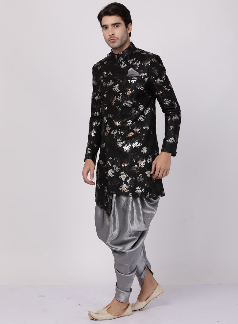 VASTRAMAY Men's Black Silk Blend Sherwani Set - PUSHMYCART