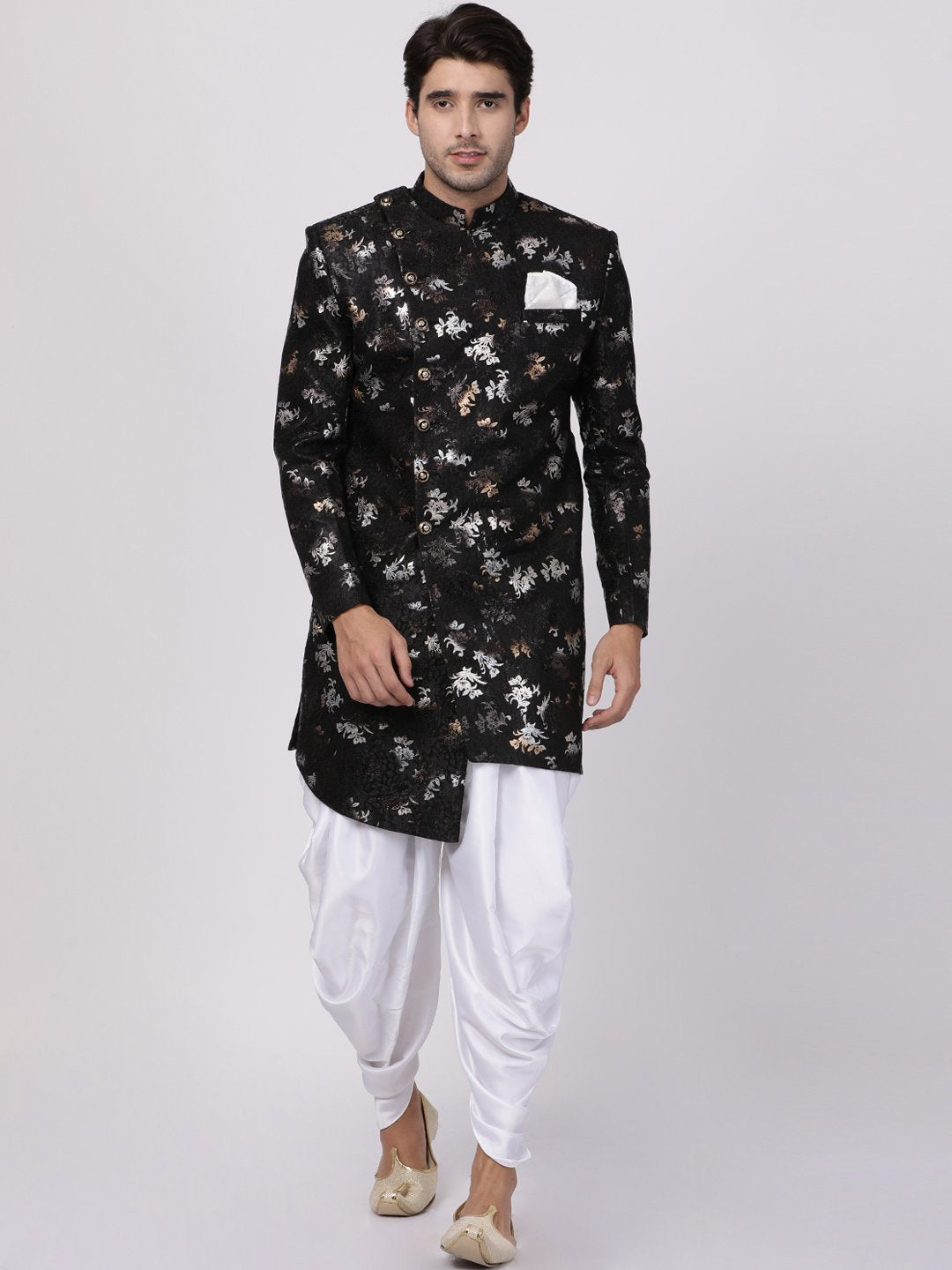 VASTRAMAY Men's Black Silk Blend Sherwani Set - PUSHMYCART