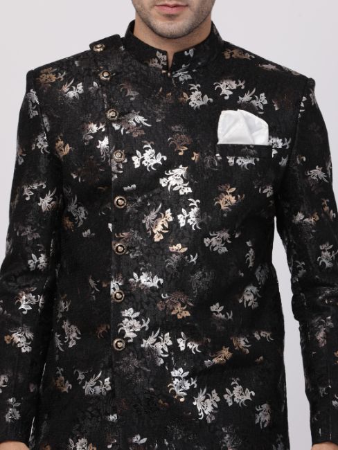 VASTRAMAY Men's Black Silk Blend Sherwani Set - PUSHMYCART