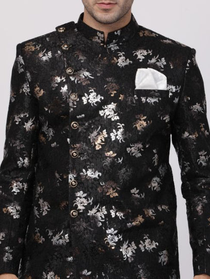 VASTRAMAY Men's Black Silk Blend Sherwani Set - PUSHMYCART