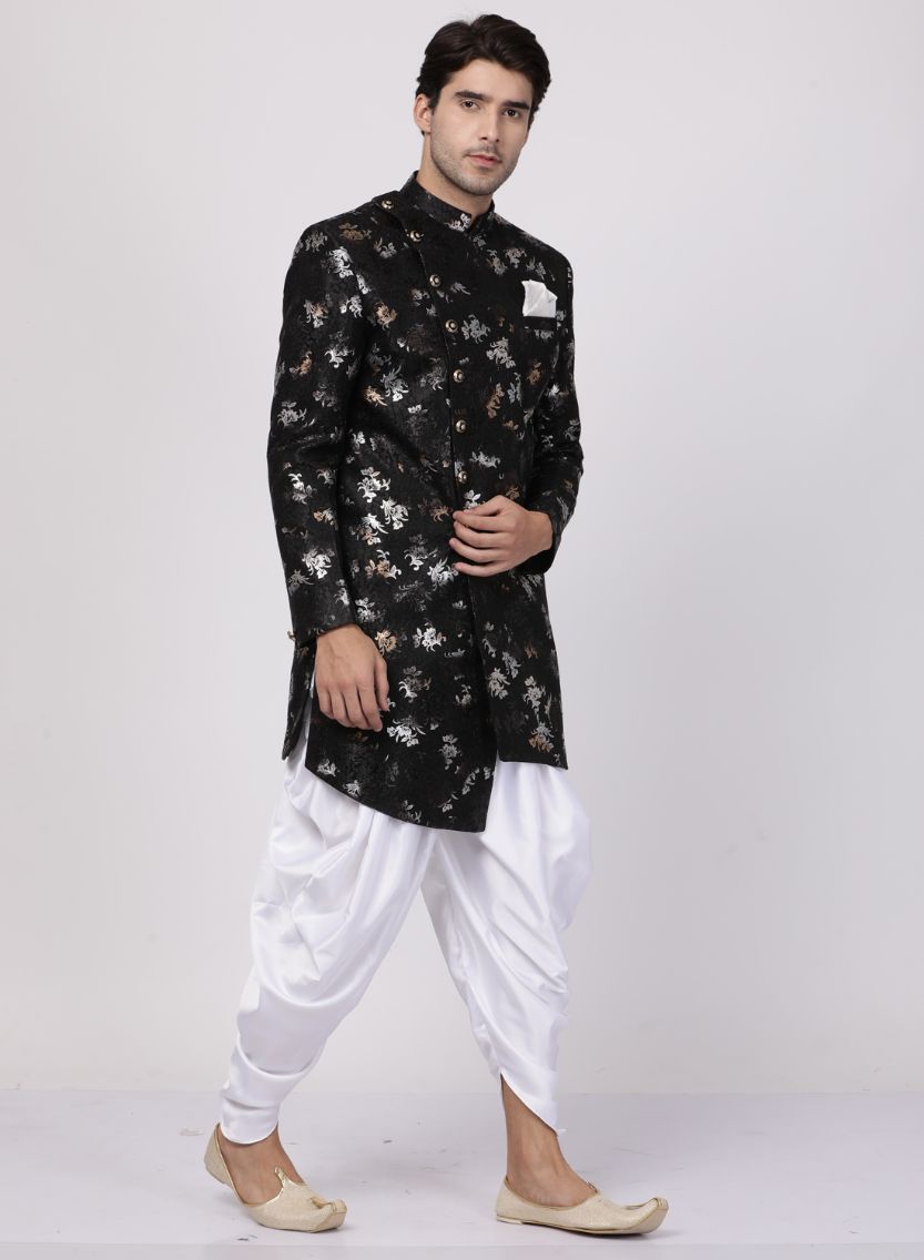 VASTRAMAY Men's Black Silk Blend Sherwani Set - PUSHMYCART