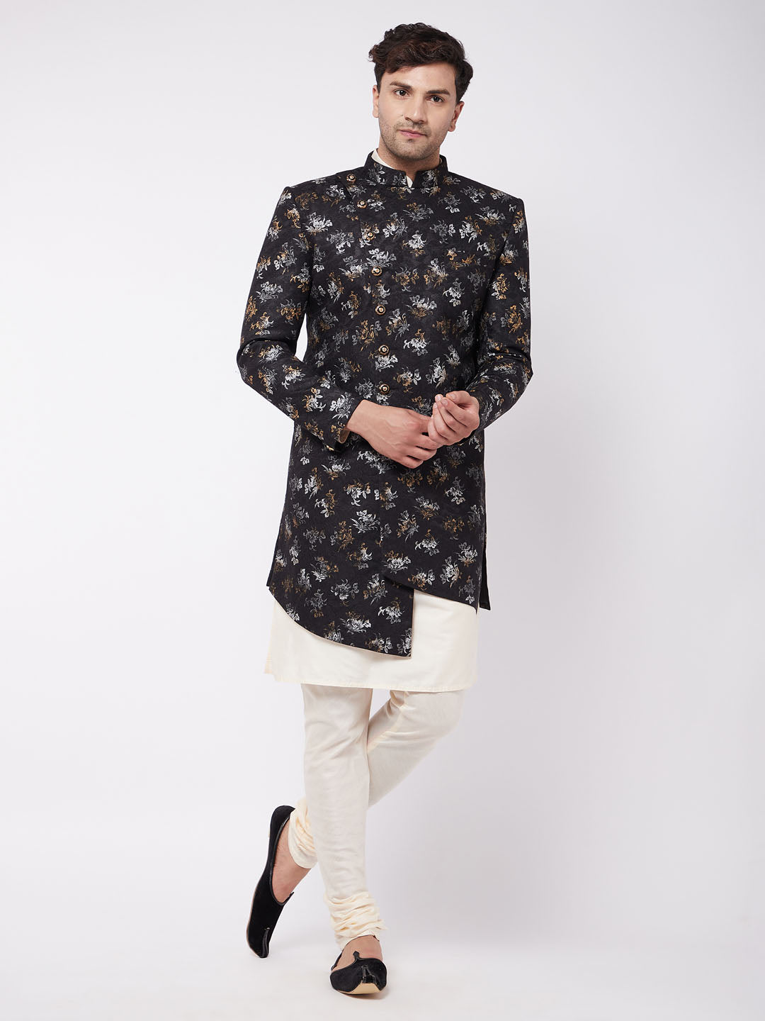 Vastramay Men's Black Angrakha Style Indo Western Over Cream Kurta Pyjama Set - PUSHMYCART