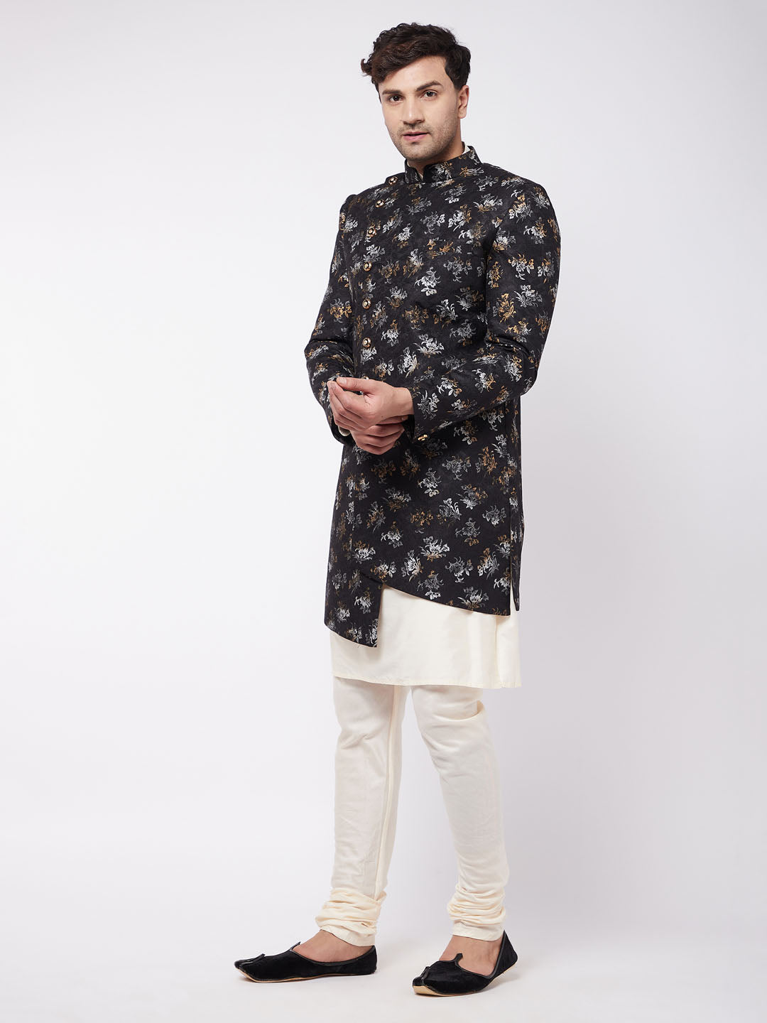 Vastramay Men's Black Angrakha Style Indo Western Over Cream Kurta Pyjama Set - PUSHMYCART