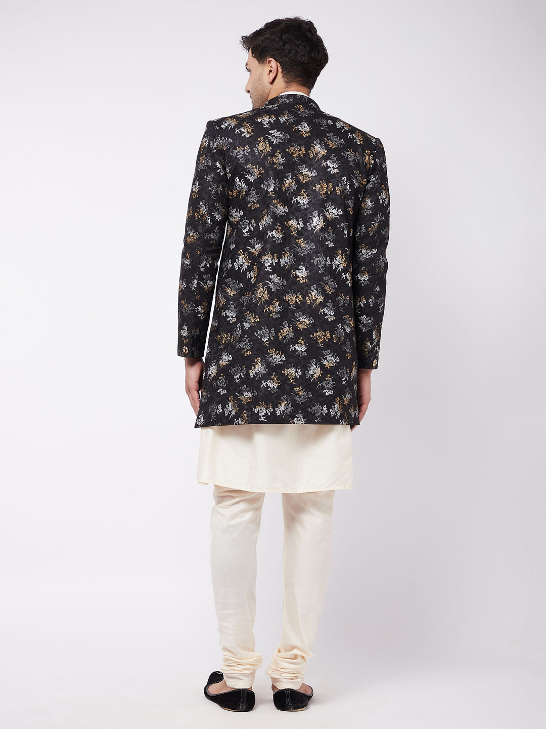 Vastramay Men's Black Angrakha Style Indo Western Over Cream Kurta Pyjama Set - PUSHMYCART