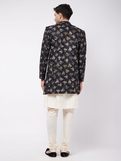 Vastramay Men's Black Angrakha Style Indo Western Over Cream Kurta Pyjama Set - PUSHMYCART