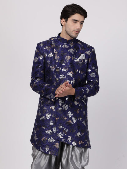 VASTRAMAY Men's Blue Silk Blend Sherwani Only Top - PUSHMYCART