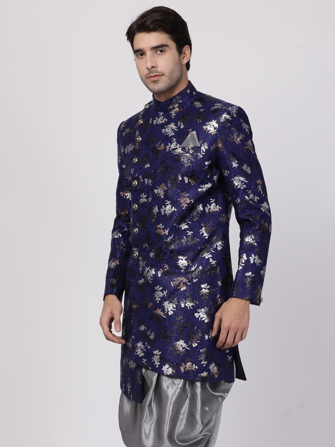 VASTRAMAY Men's Blue Silk Blend Sherwani Only Top - PUSHMYCART