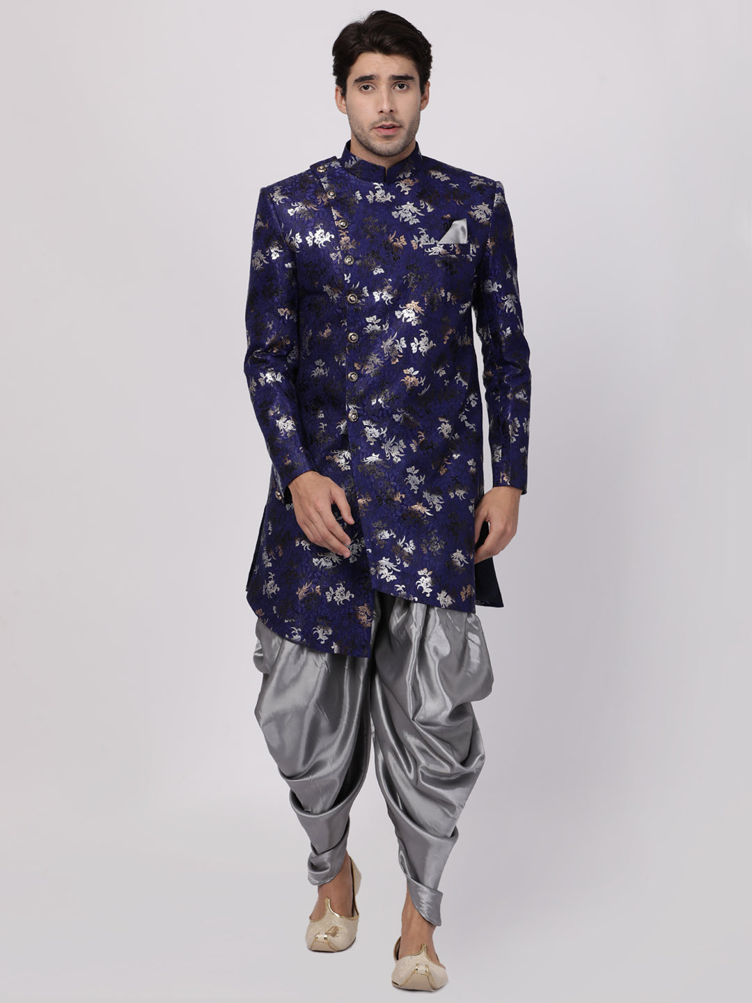 VASTRAMAY Men's Blue Silk Blend Sherwani Only Top - PUSHMYCART