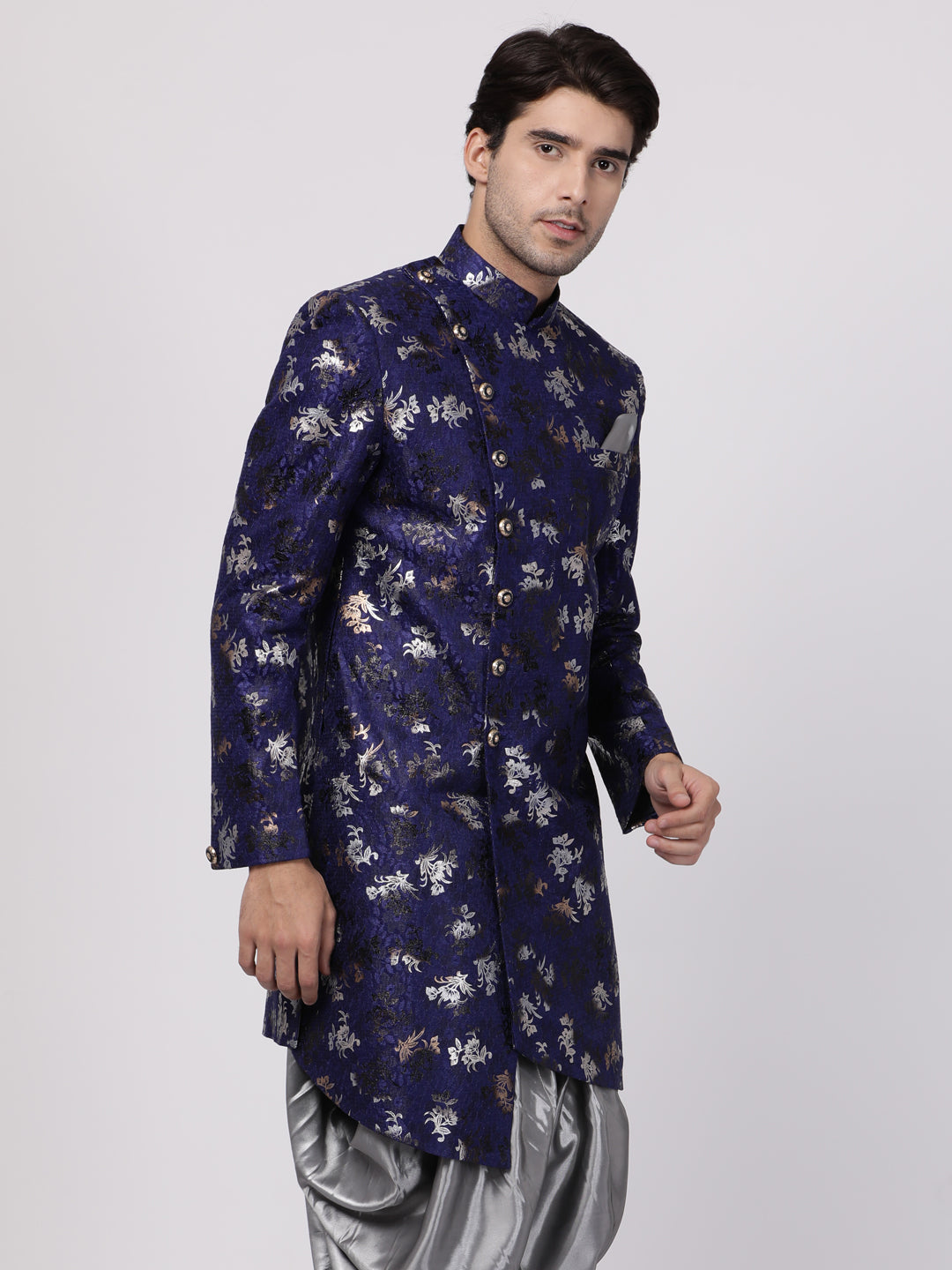 VASTRAMAY Men's Blue Silk Blend Sherwani Only Top - PUSHMYCART