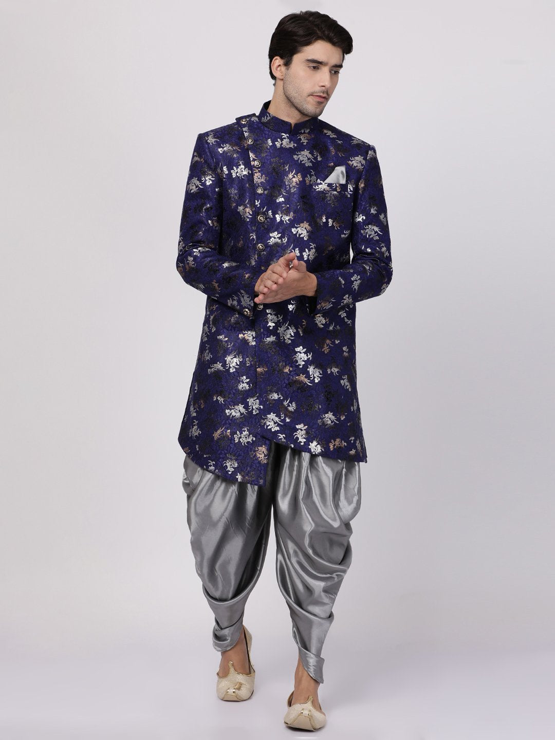 VASTRAMAY Men's Blue Silk Blend Sherwani Set - PUSHMYCART