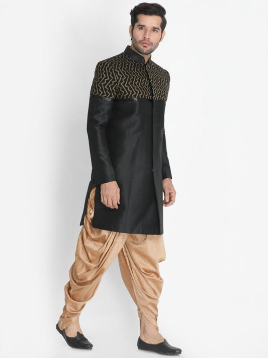 VASTRAMAY Men's Black Silk Blend Sherwani Set - PUSHMYCART