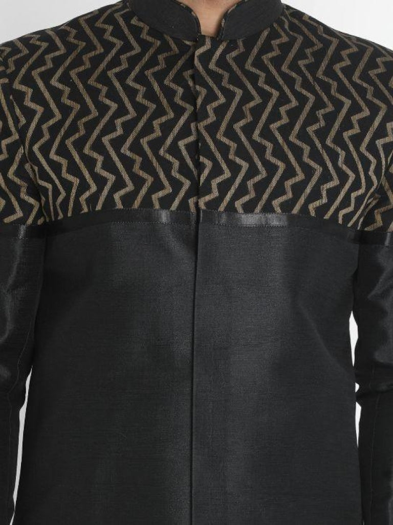 VASTRAMAY Men's Black Silk Blend Sherwani Set - PUSHMYCART