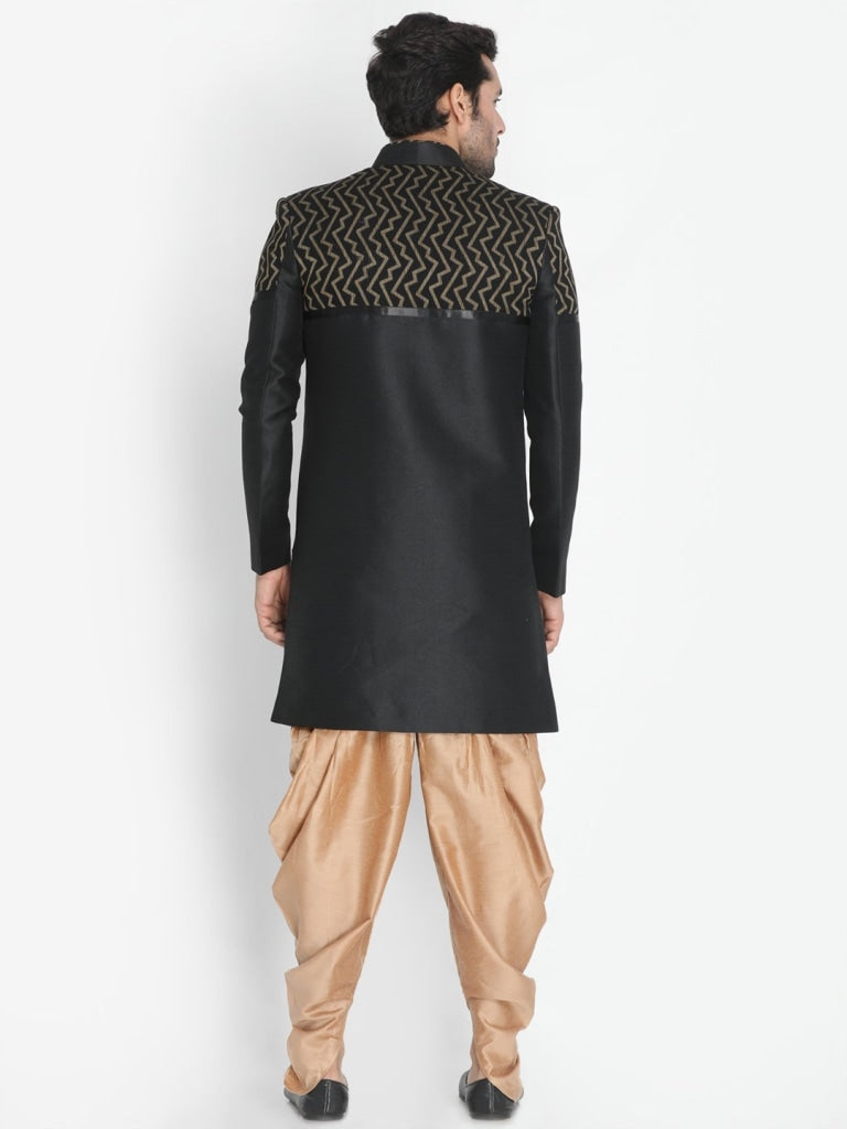 VASTRAMAY Men's Black Silk Blend Sherwani Set - PUSHMYCART