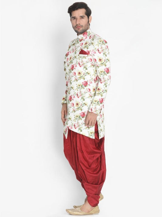 VASTRAMAY Men's Beige Silk Blend Sherwani Set - PUSHMYCART